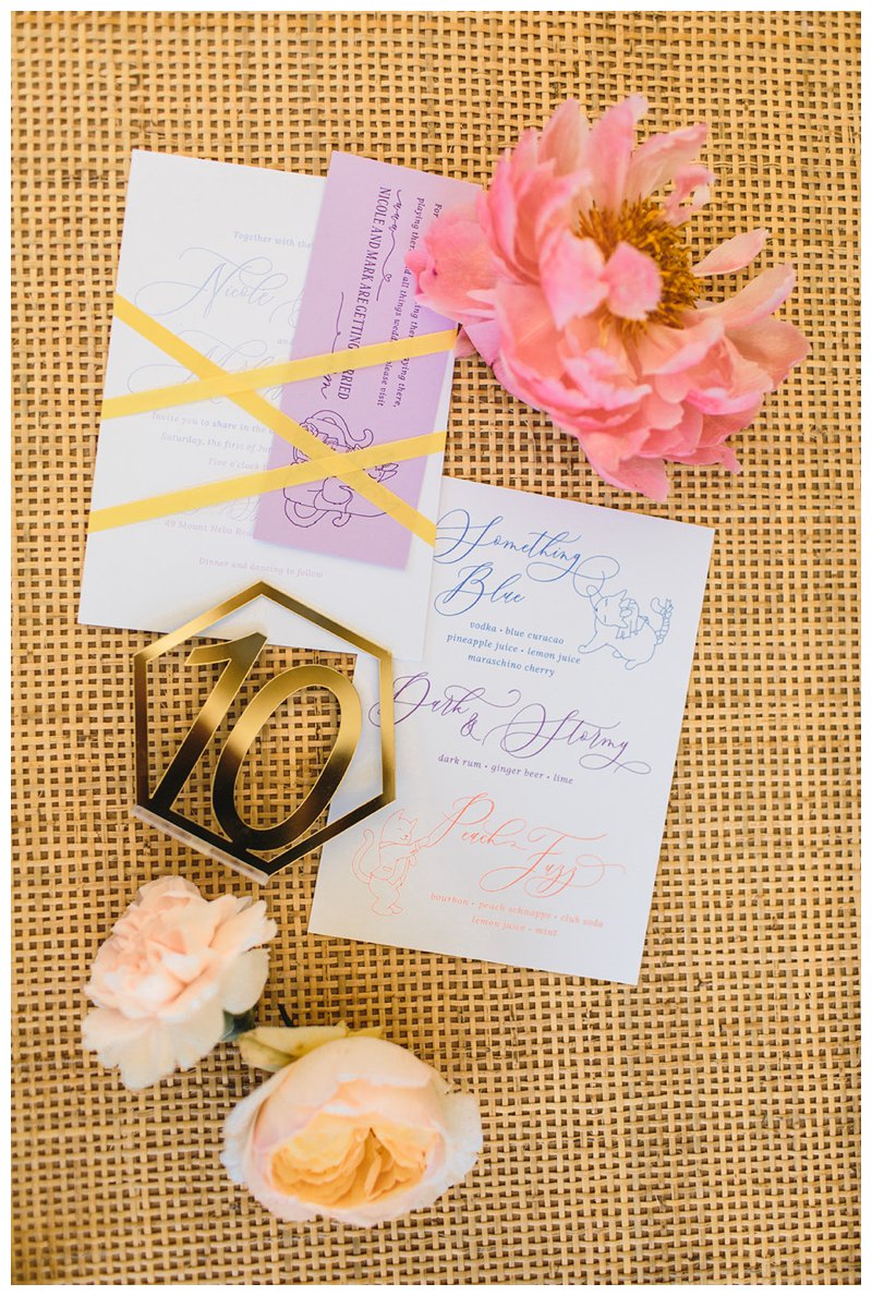 Colorful, modern stationery for a summer wedding. Gold, modern table numbers