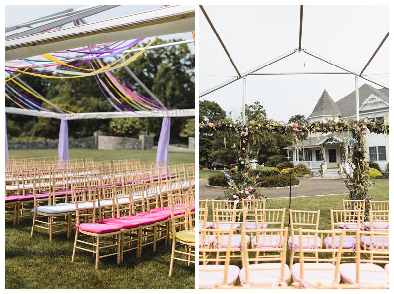 Outdoor ceremony with colorful seating