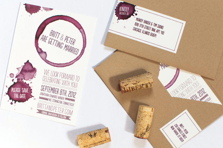 Wine inspired boozy save the date for a vineyard wedding in Connecticut