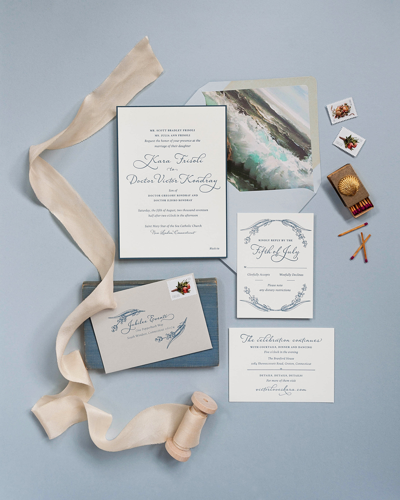 Classic ocean inspired wedding invitations in blue & grey