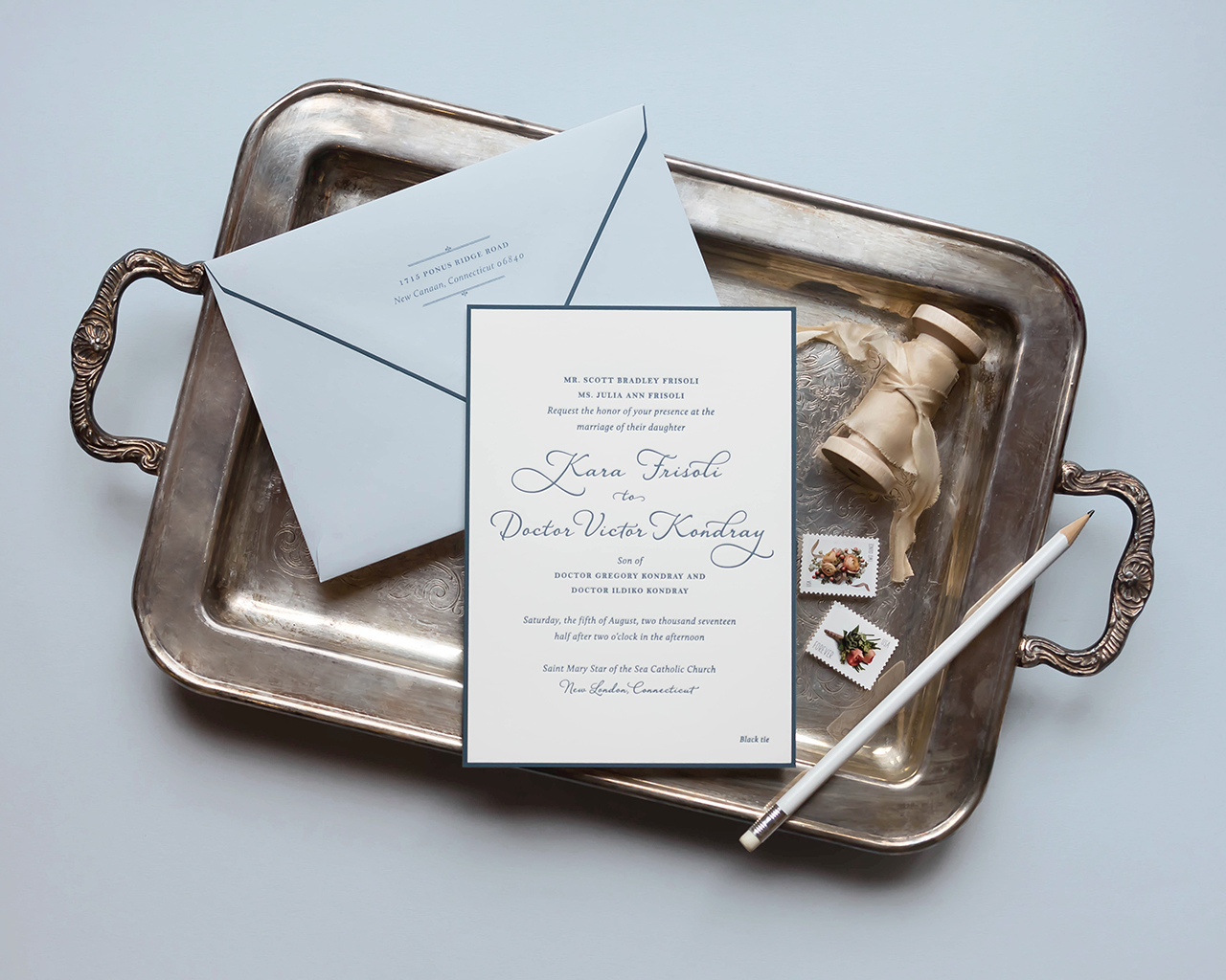 Classic ocean inspired wedding invitations in blue & grey