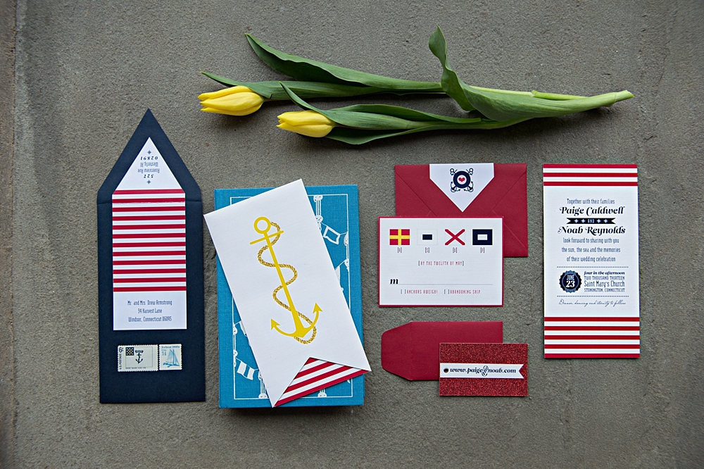 Nautical & Preppy wedding invitation suite in navy blue, red and yellow