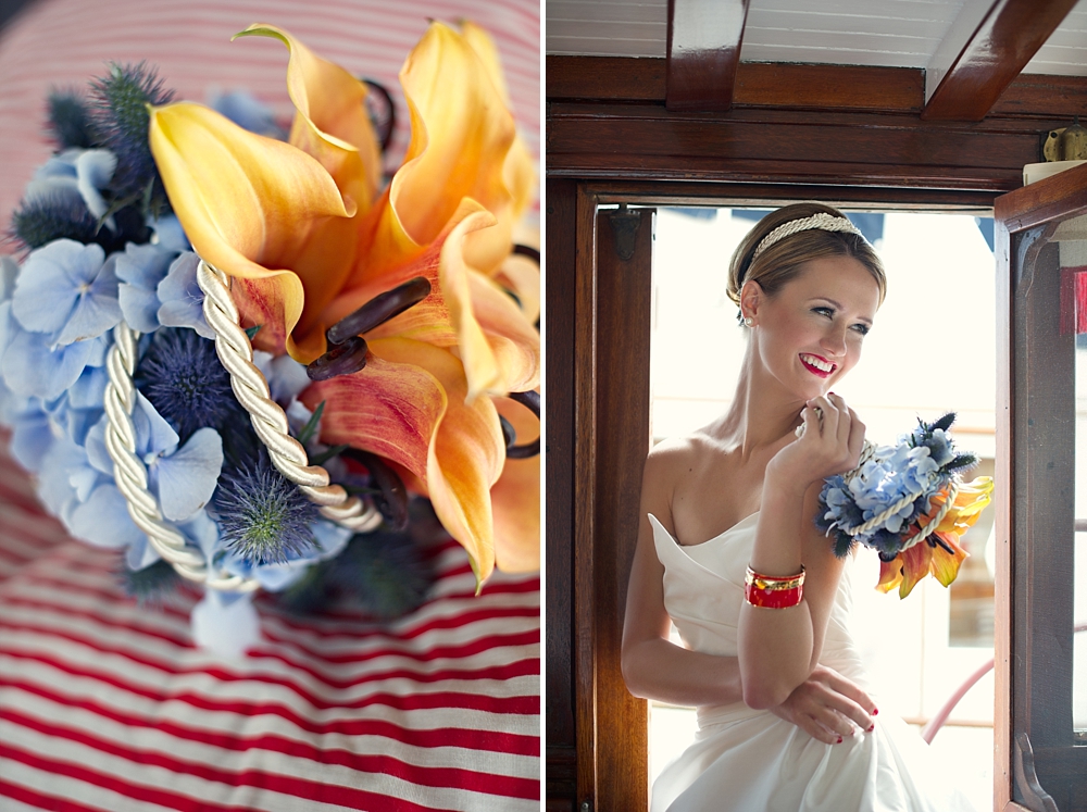Nautical wedding bouquet in blue and yellow with rope details