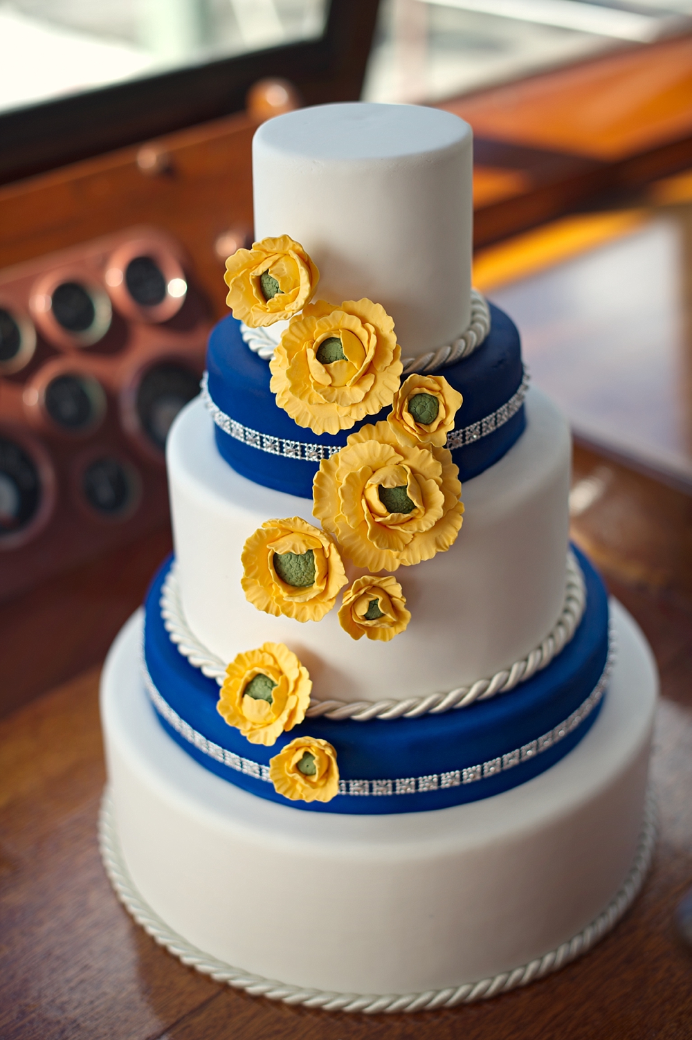 Nautical & Preppy wedding cake with sugar flowers