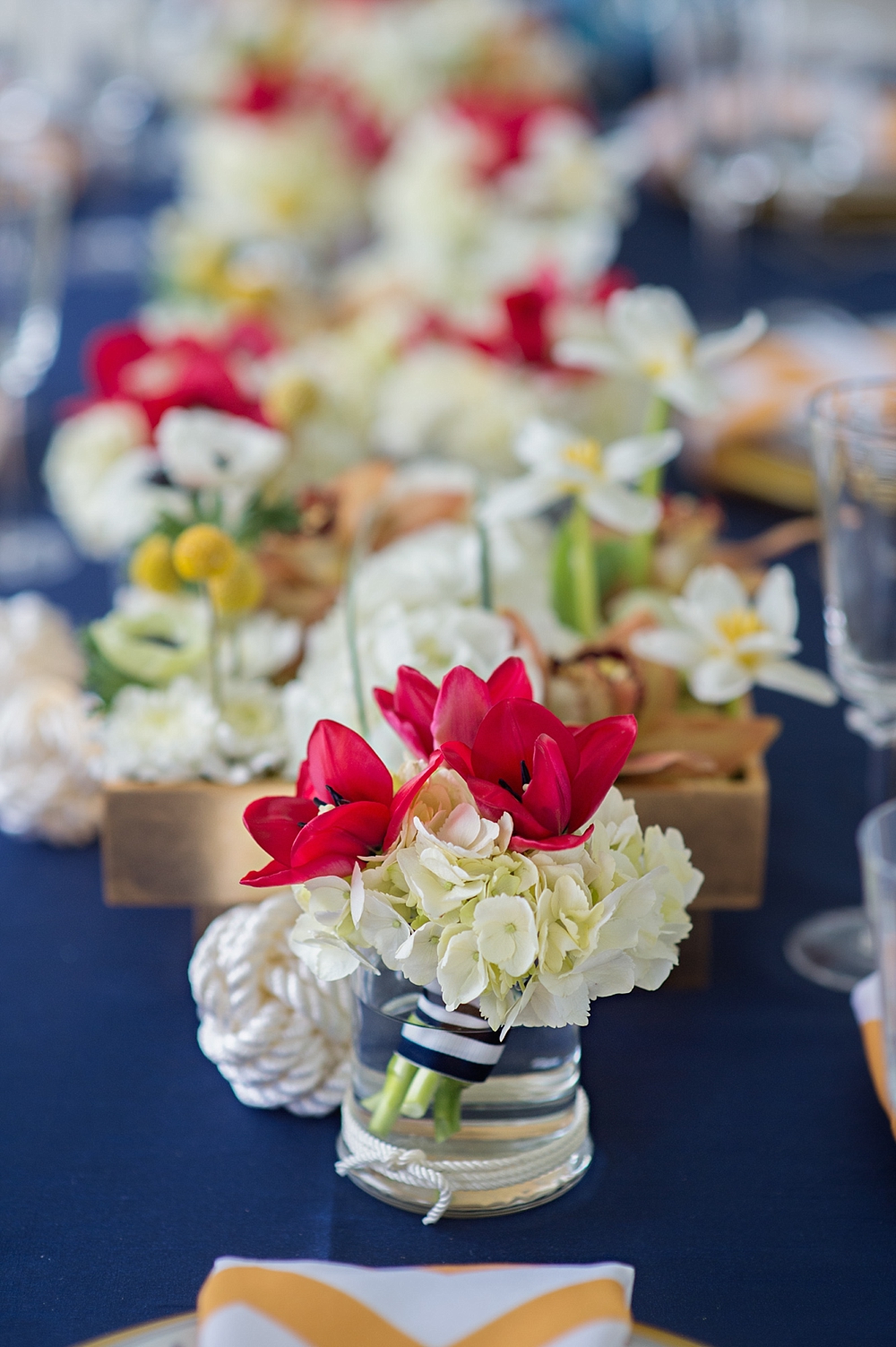 Nautical & Preppy tablescape in navy blue, white, red and yellow