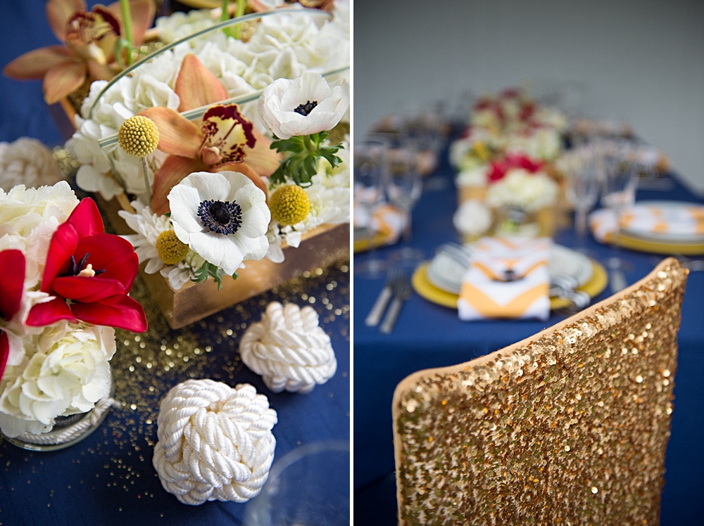 Nautical & Preppy tablescape in navy blue, white, red and yellow