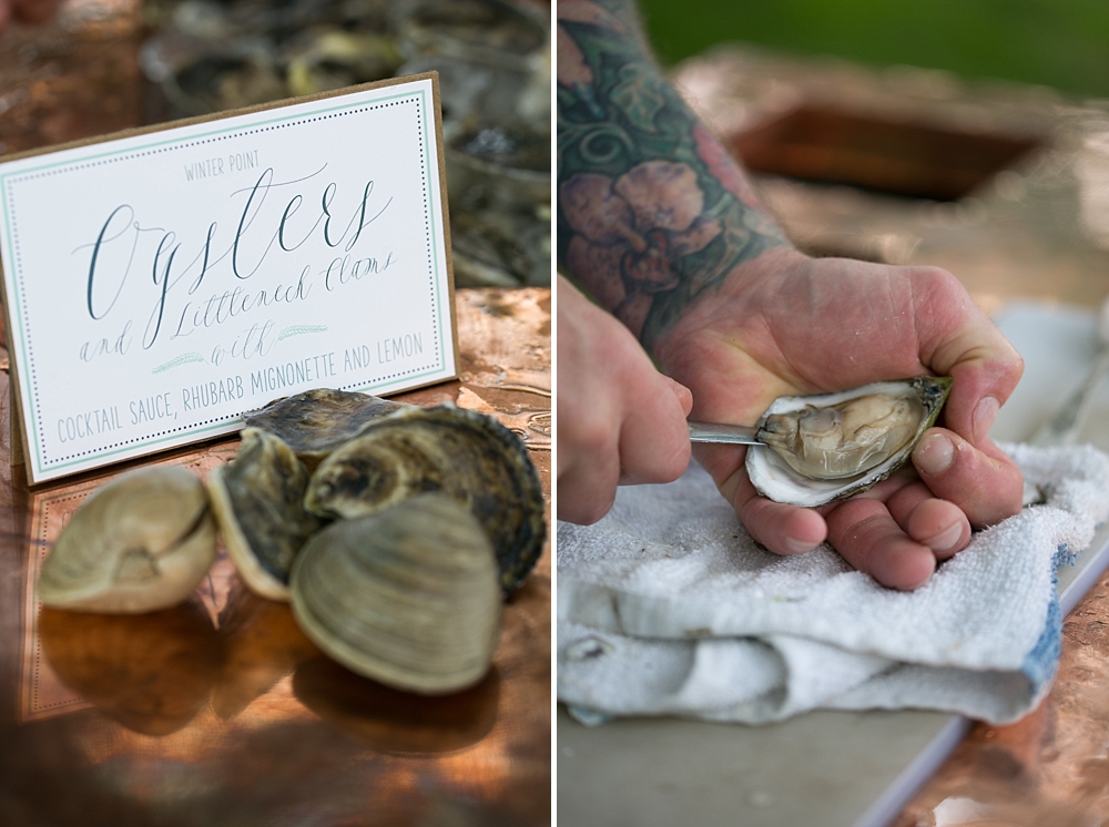 Rustic oyster station at destination wedding in Maine