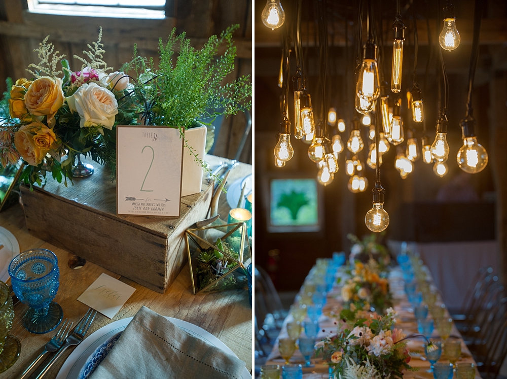 Rustic barn wedding with hanging edison bulb lights