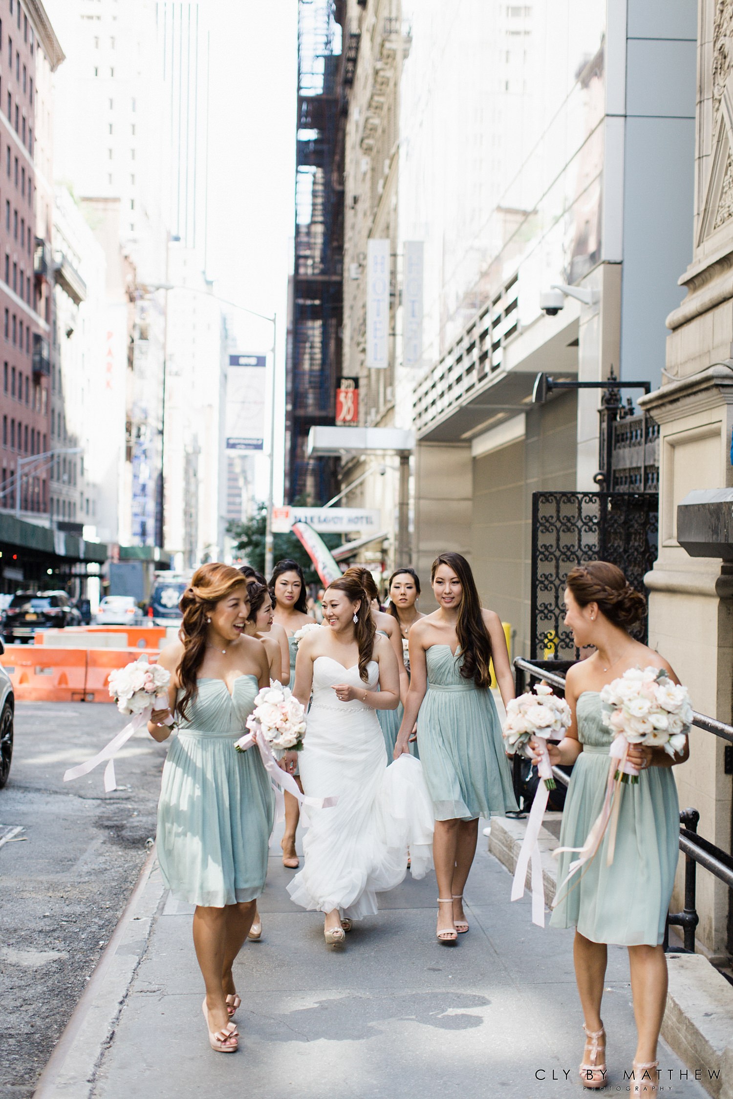 Bride and bridesmaids walking in NYC before the wedding