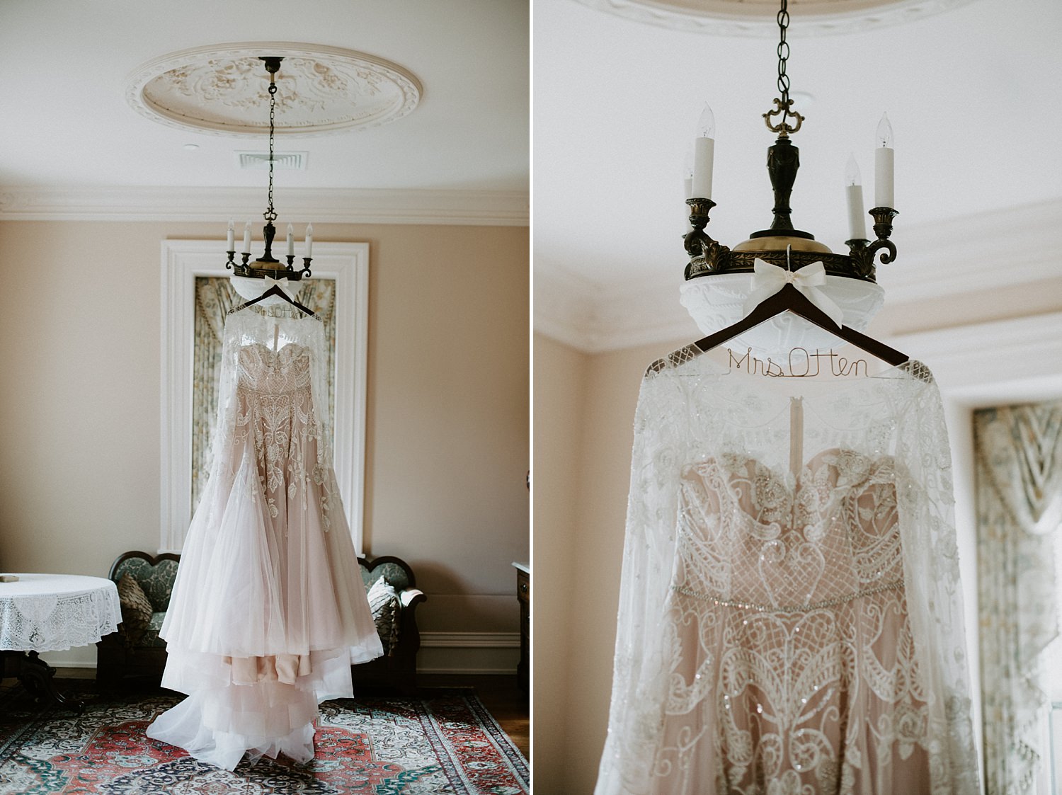 Blush wedding gown with long sleeves
