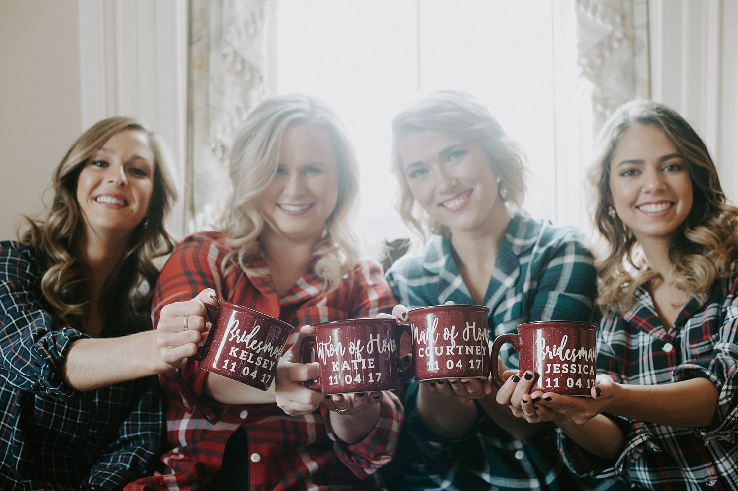 Fall wedding bridesmaids with custom mugs