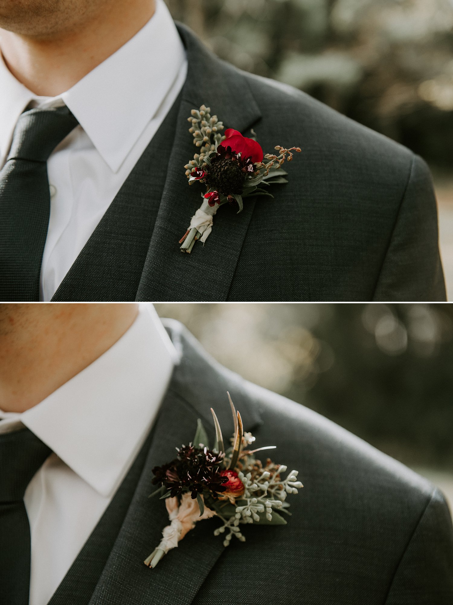 Groomsmen boutonnieres in blush, green, plum and red