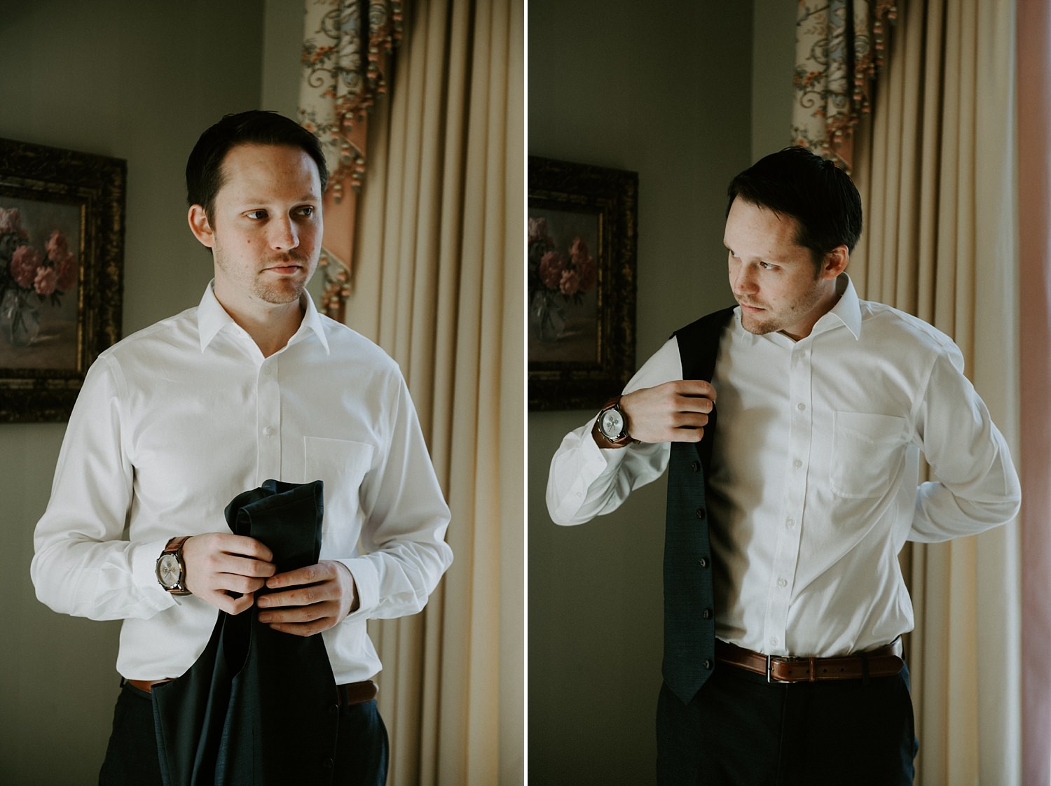 Groom getting ready on wedding day at The Webb Barn in Wethersfield, CT