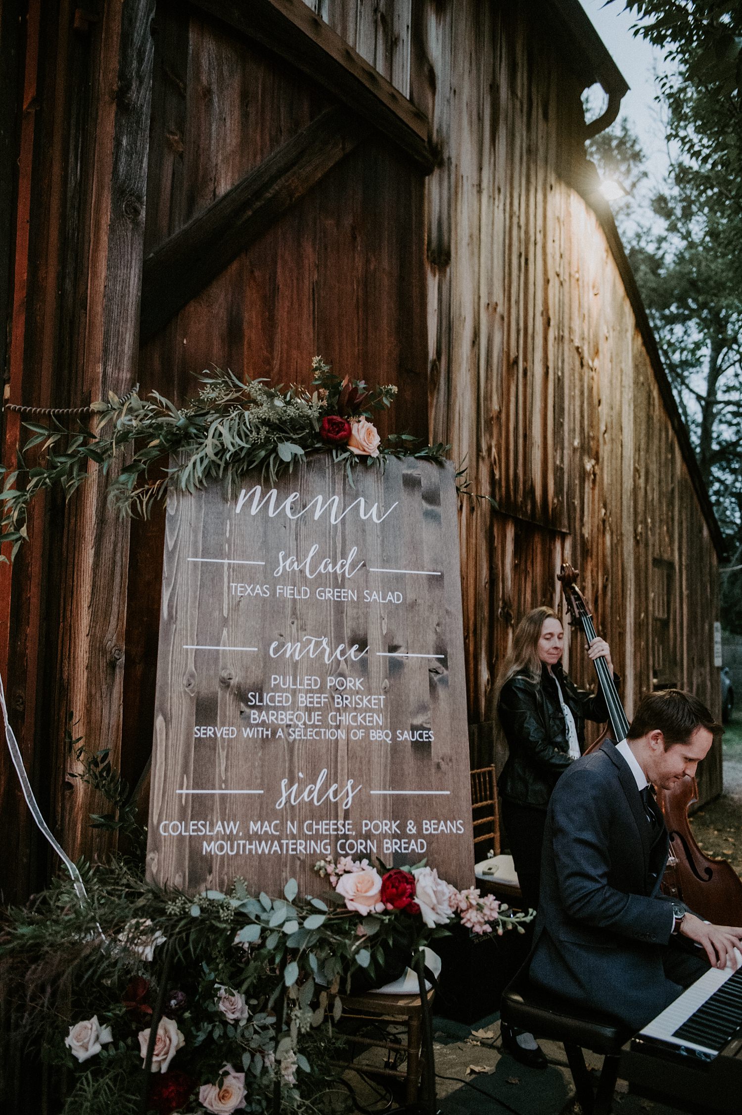 Rustic wooden menu sign with flowers for Webb Barn Wedding in Wethersfield, CT
