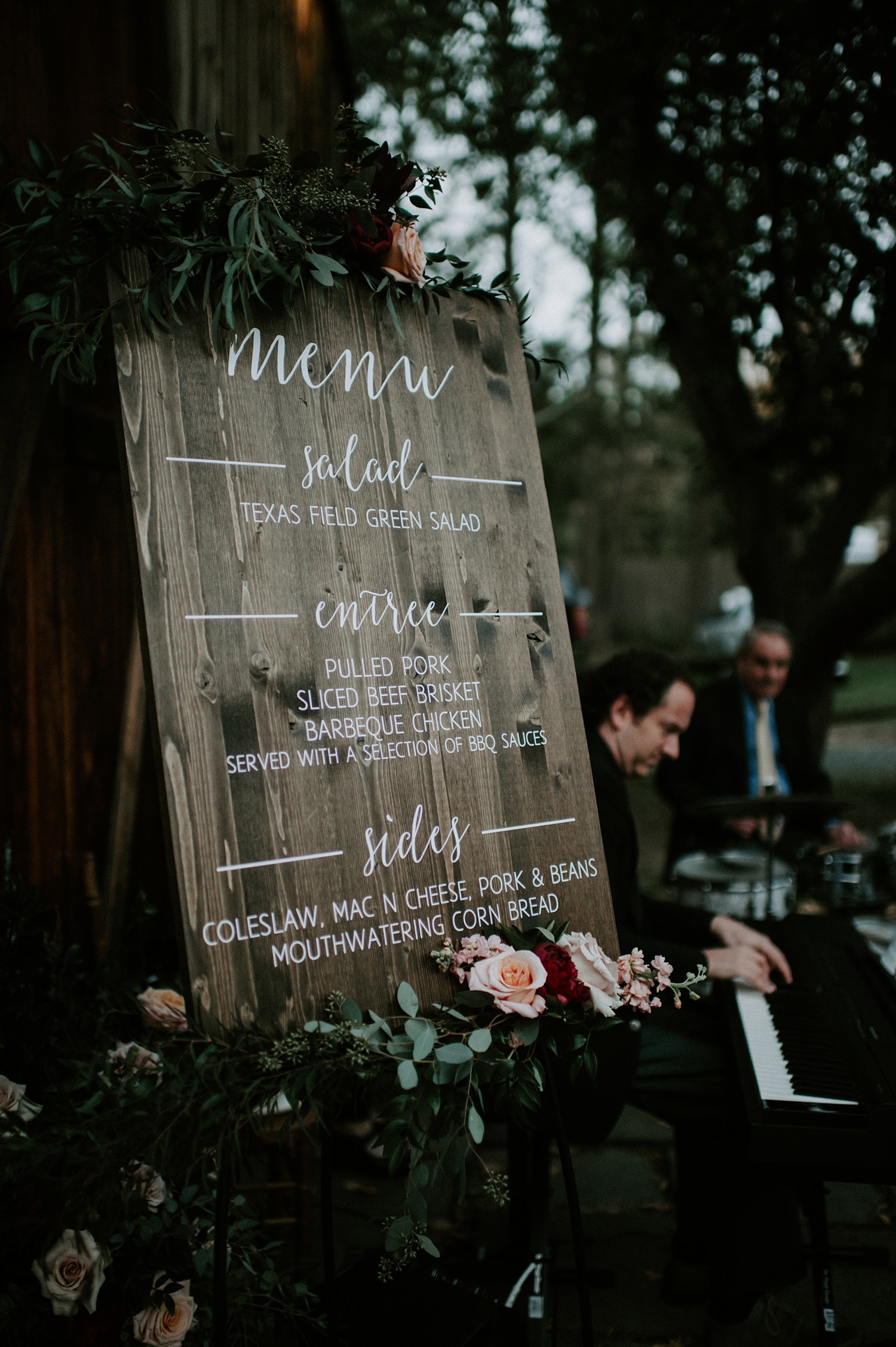 Rustic wooden menu sign with flowers for Webb Barn Wedding in Wethersfield, CT